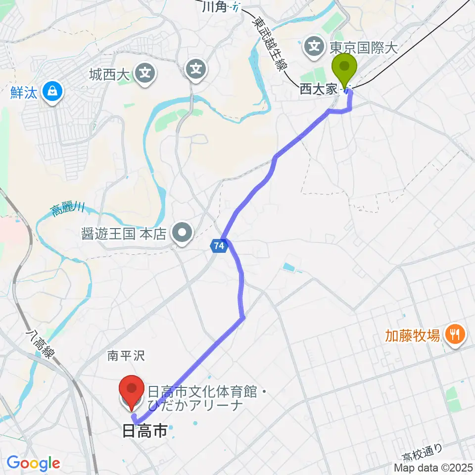西大家駅から日高市文化体育館 ひだかアリーナへのルートマップ地図