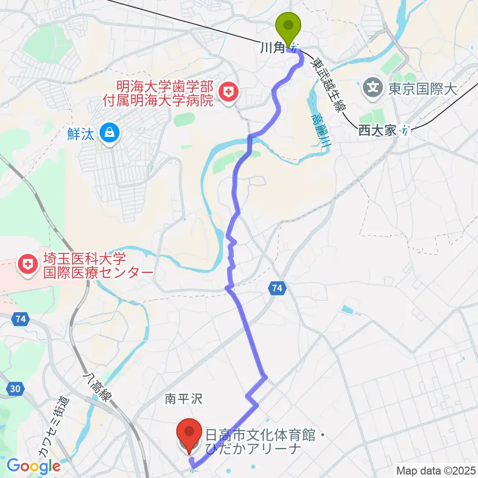 川角駅から日高市文化体育館 ひだかアリーナへのルートマップ地図