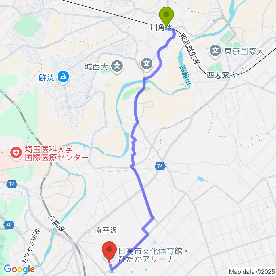 川角駅から日高市文化体育館 ひだかアリーナへのルートマップ地図