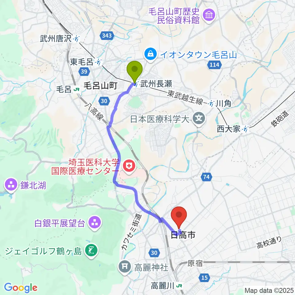 武州長瀬駅から日高市文化体育館 ひだかアリーナへのルートマップ地図