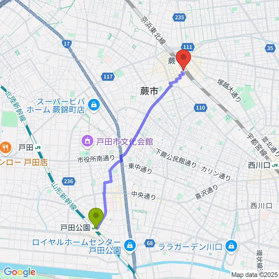 戸田公園駅から蕨市立文化ホール くるるへのルートマップ地図