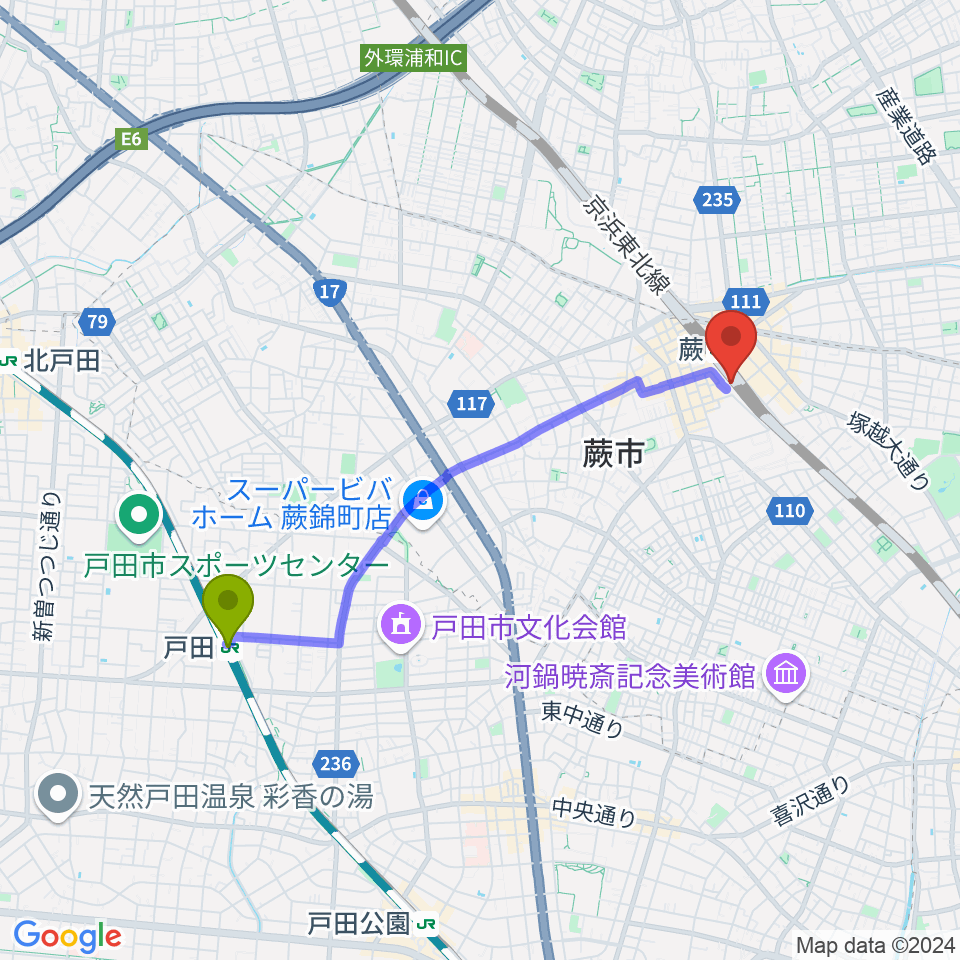 戸田駅から蕨市立文化ホール くるるへのルートマップ地図