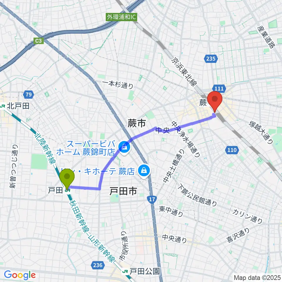 戸田駅から蕨市立文化ホール くるるへのルートマップ地図