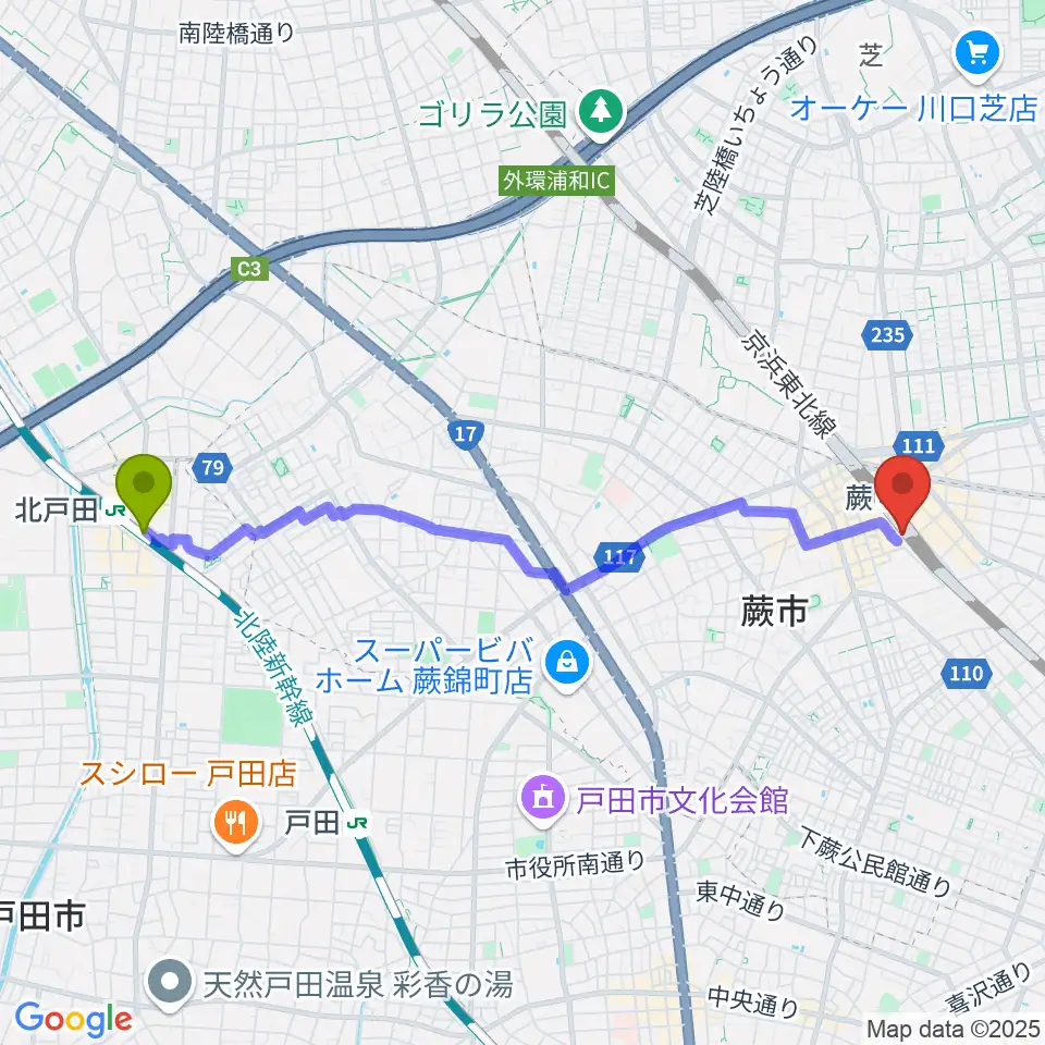 北戸田駅から蕨市立文化ホール くるるへのルートマップ地図