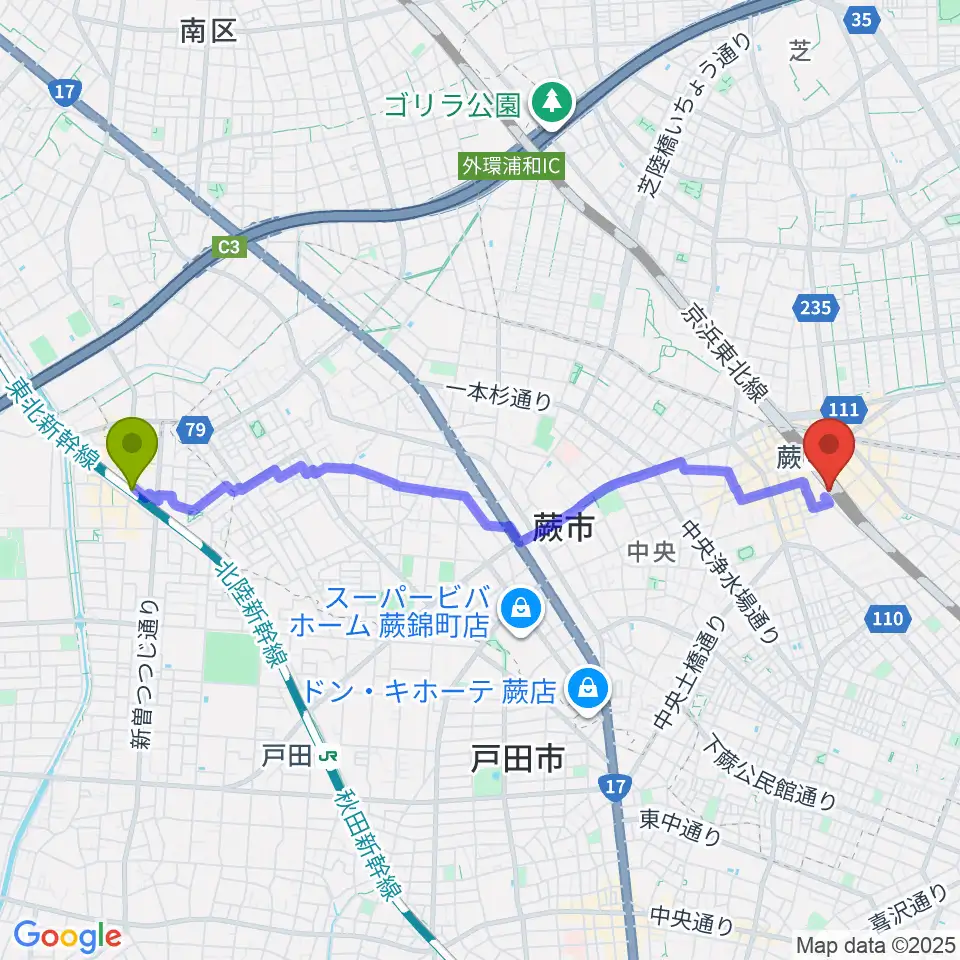 北戸田駅から蕨市立文化ホール くるるへのルートマップ地図