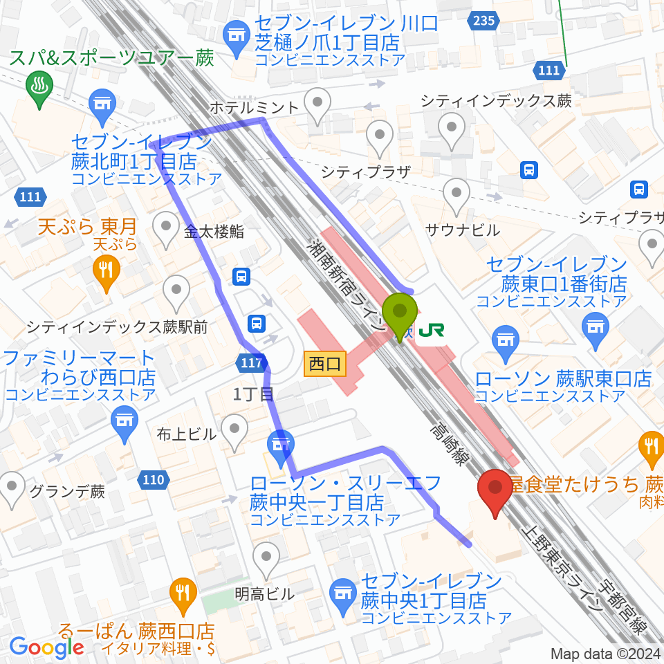 蕨市立文化ホール くるるの最寄駅蕨駅からの徒歩ルート（約2分）地図