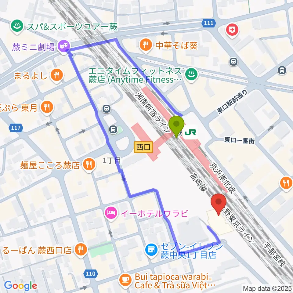 蕨市立文化ホール くるるの最寄駅蕨駅からの徒歩ルート（約2分）地図