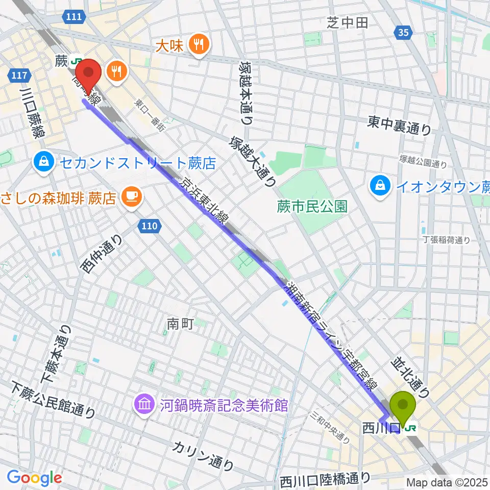 西川口駅から蕨市立文化ホール くるるへのルートマップ地図