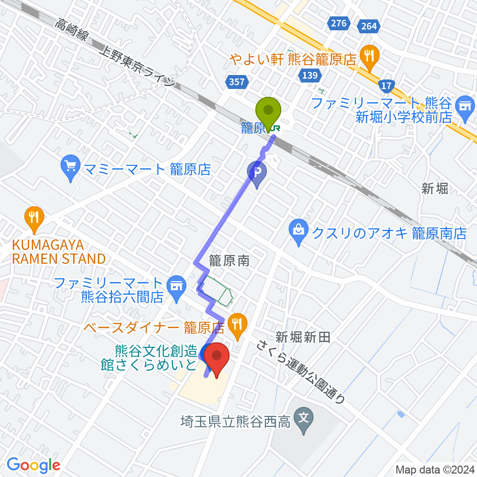 熊谷文化創造館 さくらめいとの最寄駅籠原駅からの徒歩ルート（約16分）地図