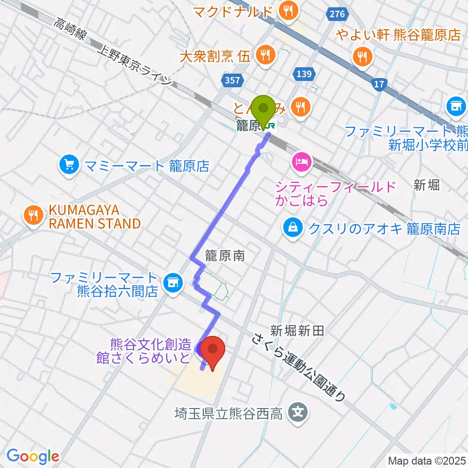 熊谷文化創造館 さくらめいとの最寄駅籠原駅からの徒歩ルート（約16分）地図