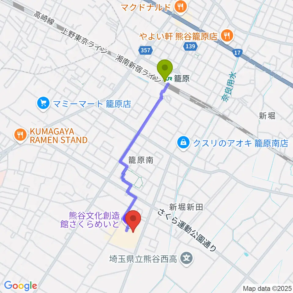 熊谷文化創造館 さくらめいとの最寄駅籠原駅からの徒歩ルート（約16分）地図