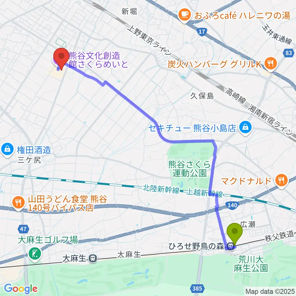 ひろせ野鳥の森駅から熊谷文化創造館 さくらめいとへのルートマップ地図