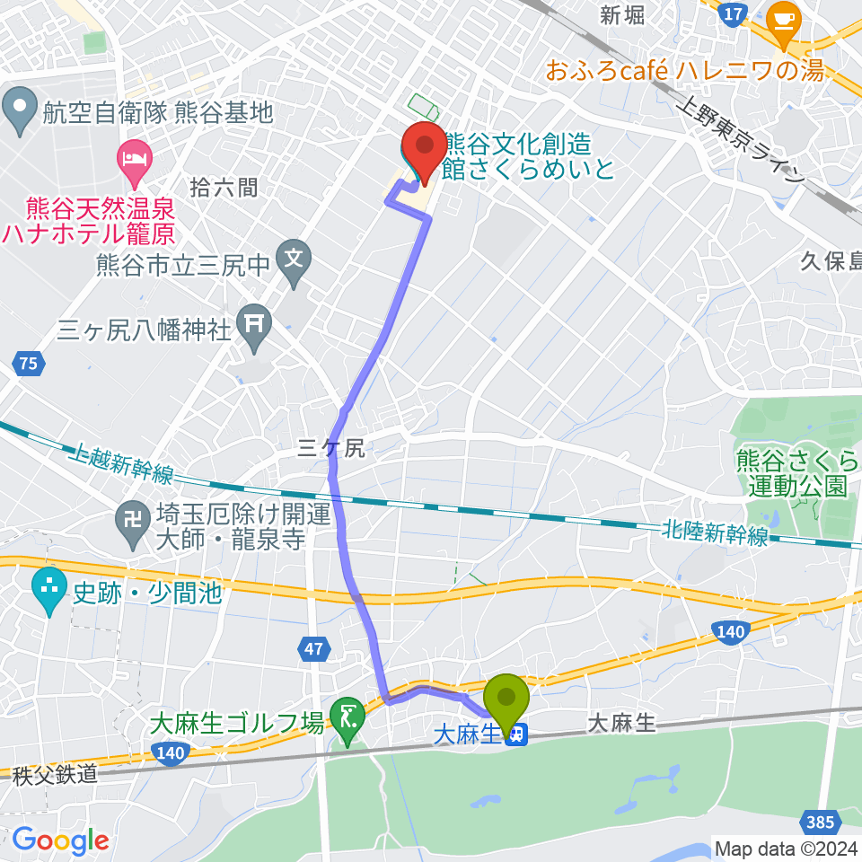 大麻生駅から熊谷文化創造館 さくらめいとへのルートマップ地図