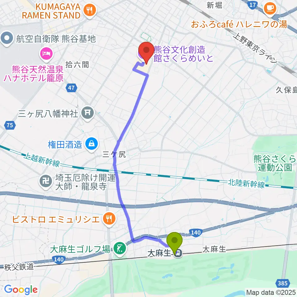 大麻生駅から熊谷文化創造館 さくらめいとへのルートマップ地図