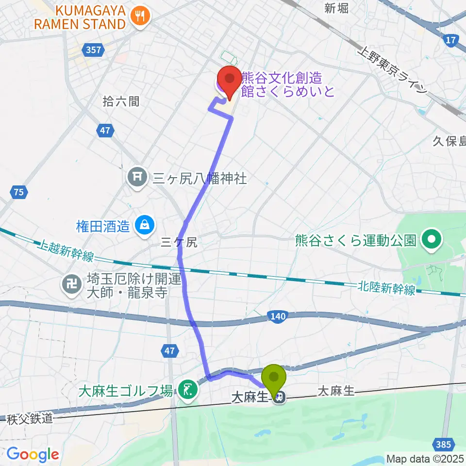 大麻生駅から熊谷文化創造館 さくらめいとへのルートマップ地図