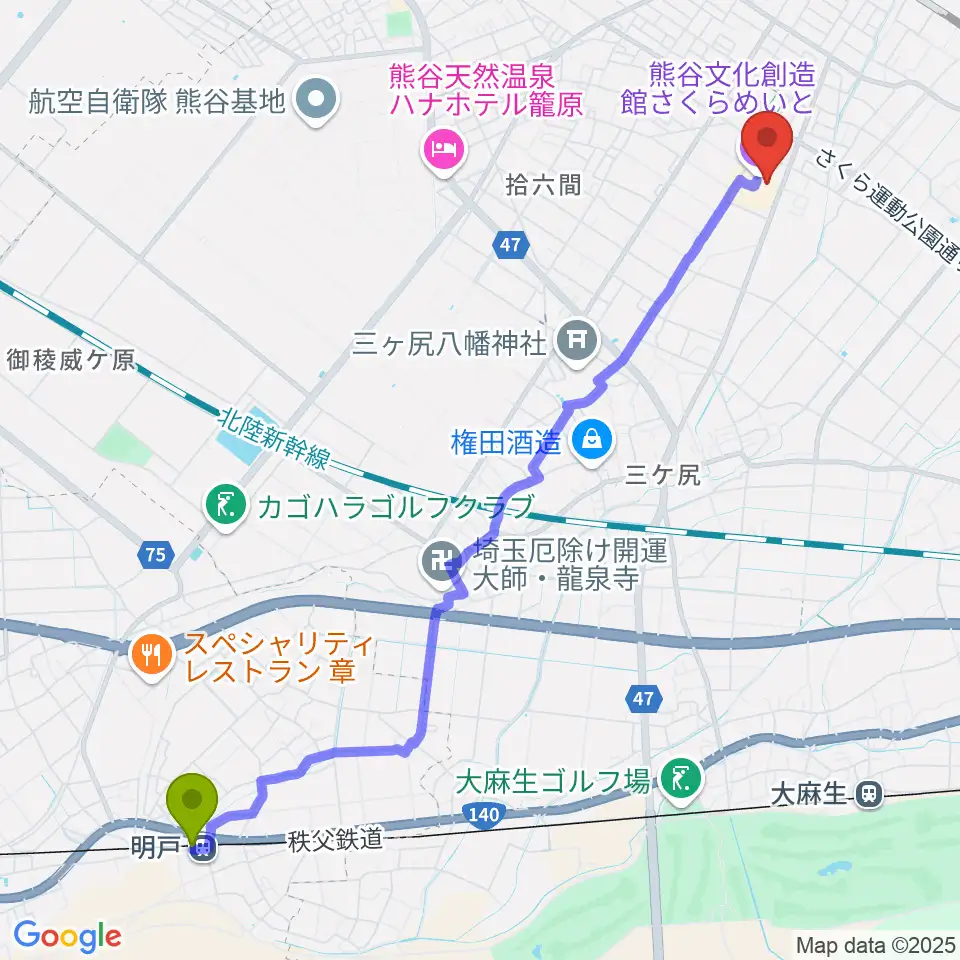 明戸駅から熊谷文化創造館 さくらめいとへのルートマップ地図