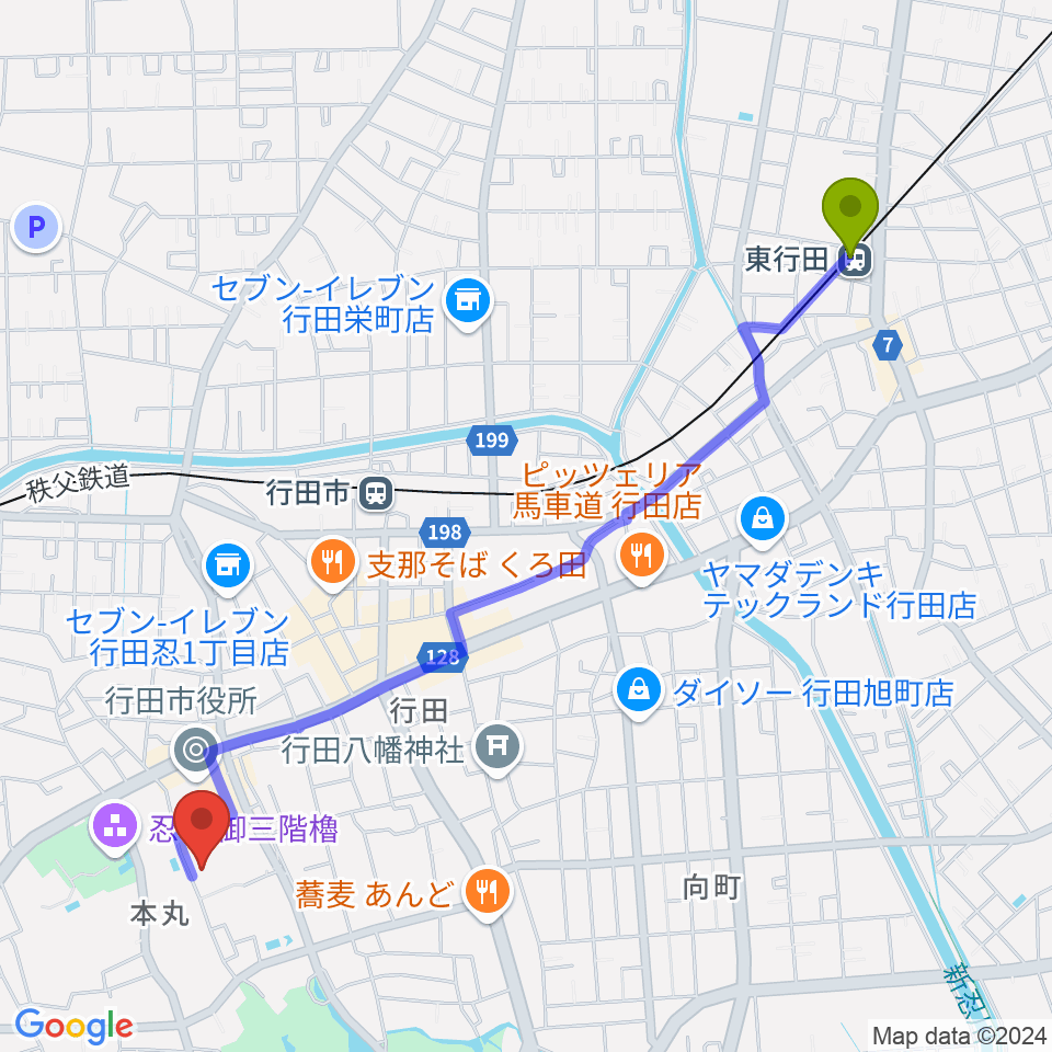 東行田駅から行田市産業文化会館 ベル・プラスへのルートマップ地図