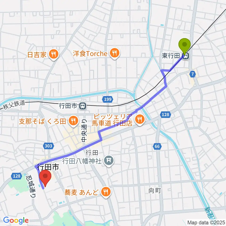 東行田駅から行田市産業文化会館 ベル・プラスへのルートマップ地図