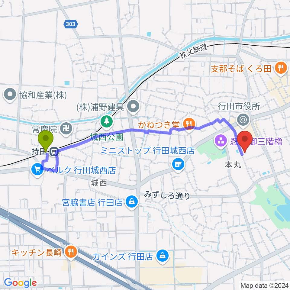 持田駅から行田市産業文化会館 ベル・プラスへのルートマップ地図