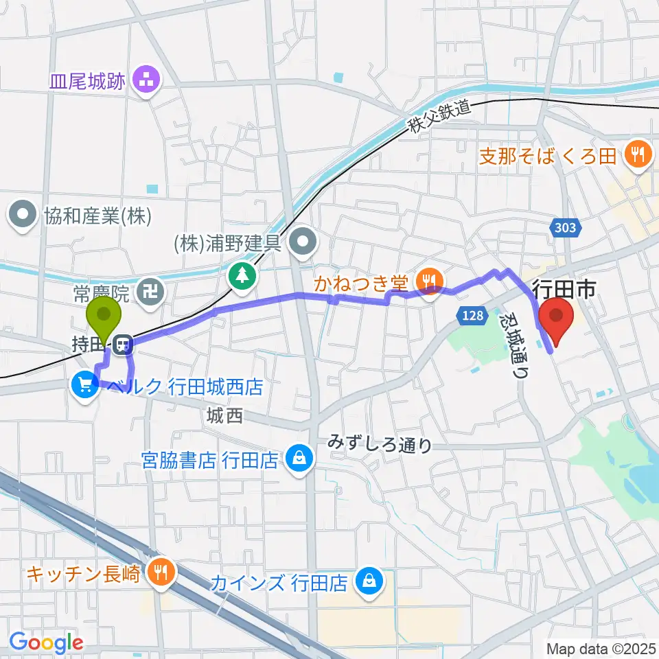 持田駅から行田市産業文化会館 ベル・プラスへのルートマップ地図