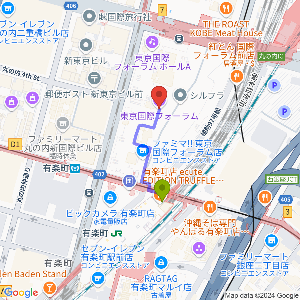 東京国際フォーラムの最寄駅有楽町駅からの徒歩ルート（約2分）地図