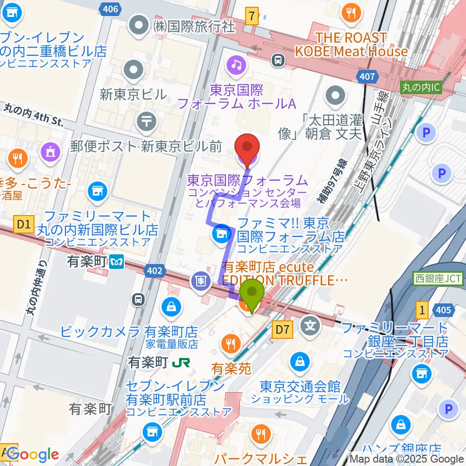 東京国際フォーラムの最寄駅有楽町駅からの徒歩ルート（約2分）地図