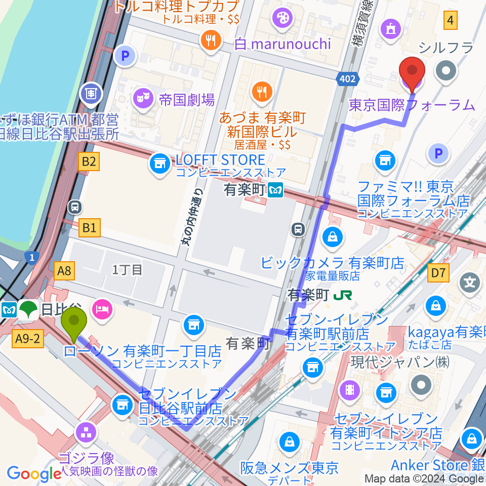 日比谷駅から東京国際フォーラムへのルートマップ地図