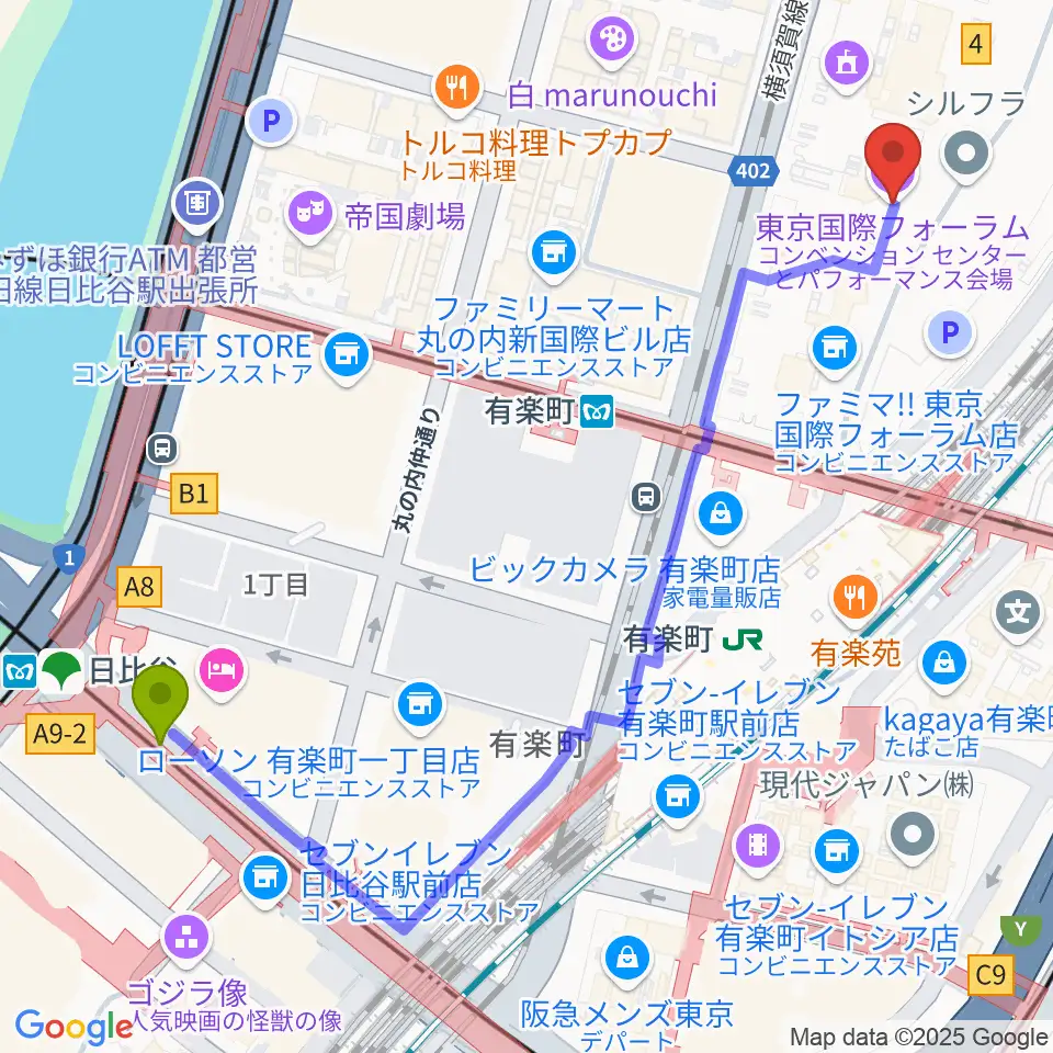 日比谷駅から東京国際フォーラムへのルートマップ地図