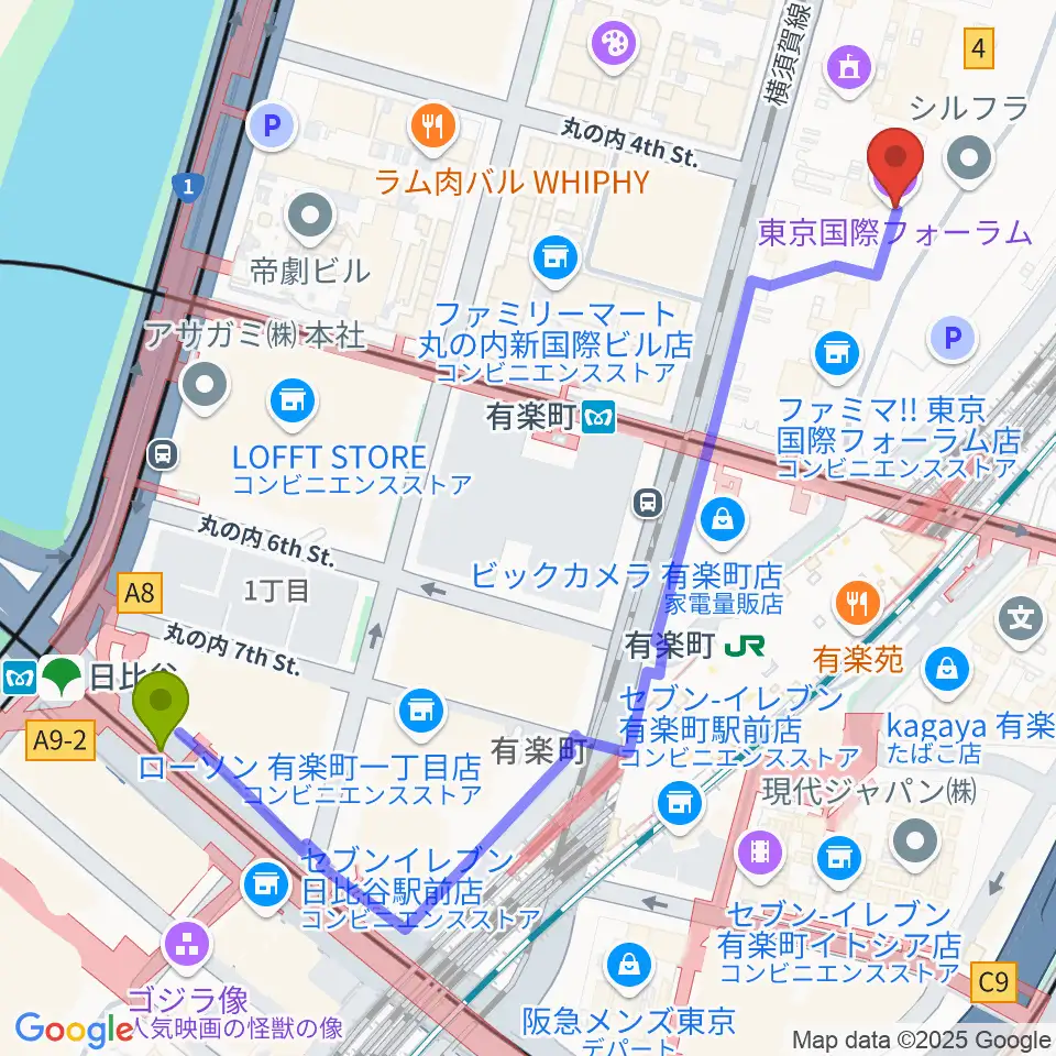 日比谷駅から東京国際フォーラムへのルートマップ地図