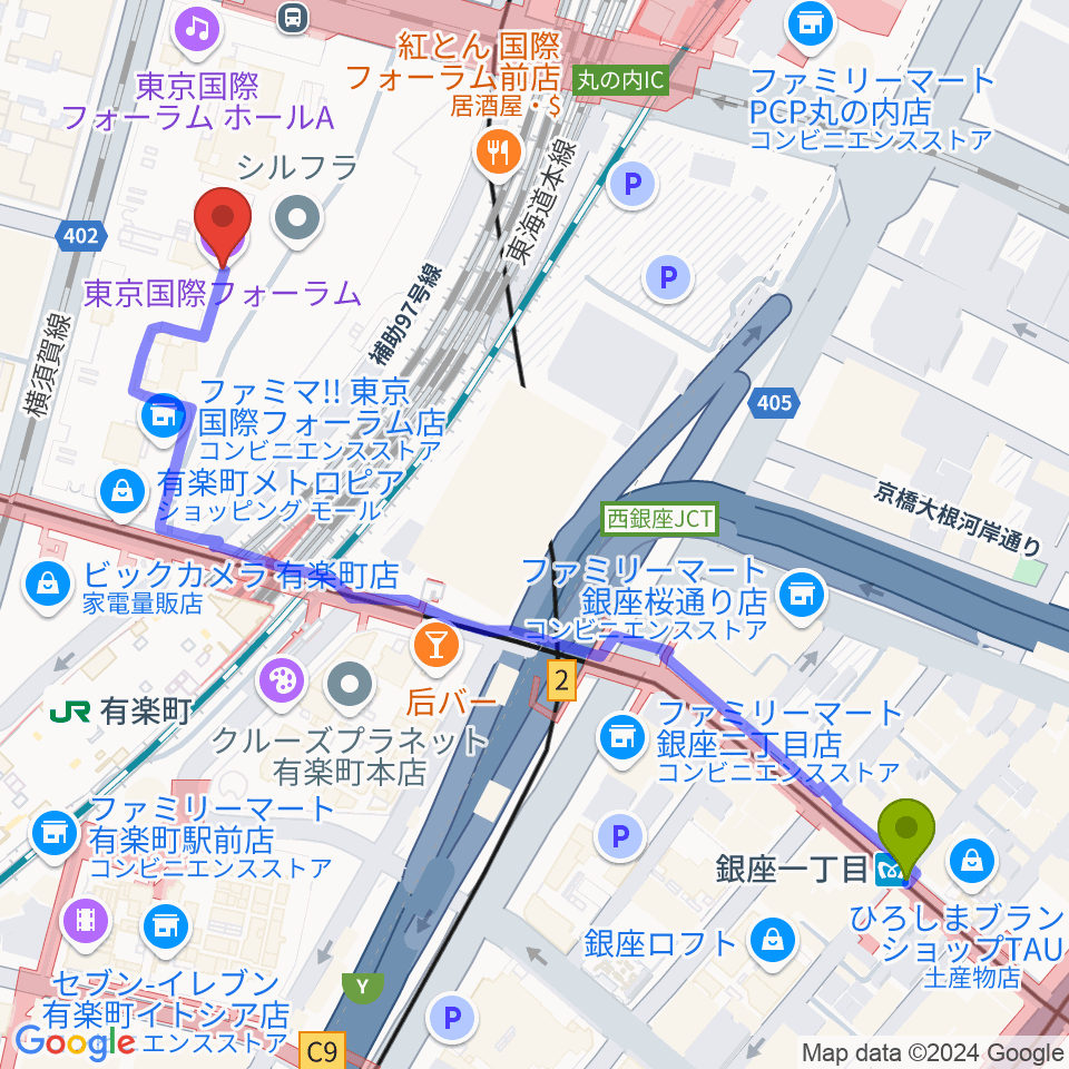 銀座一丁目駅から東京国際フォーラムへのルートマップ地図