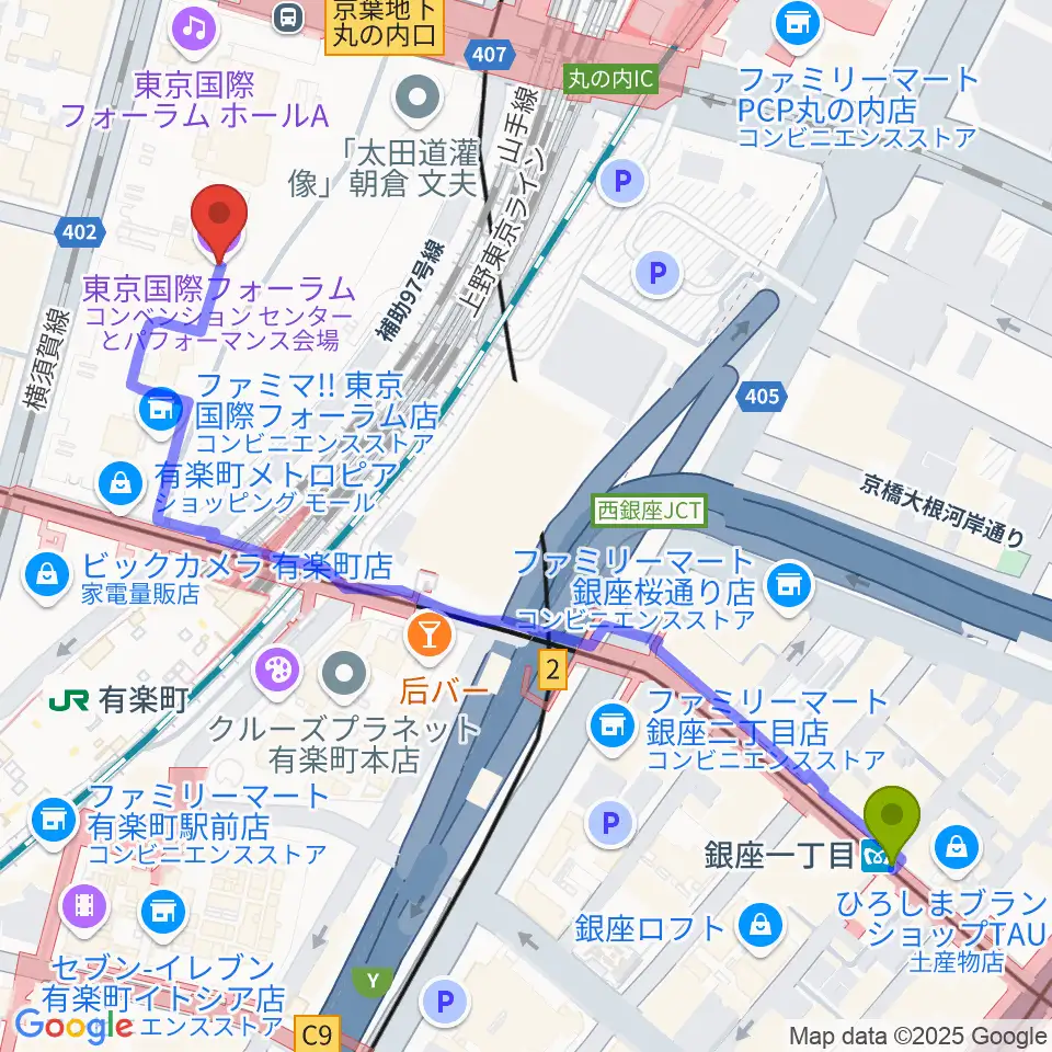 銀座一丁目駅から東京国際フォーラムへのルートマップ地図