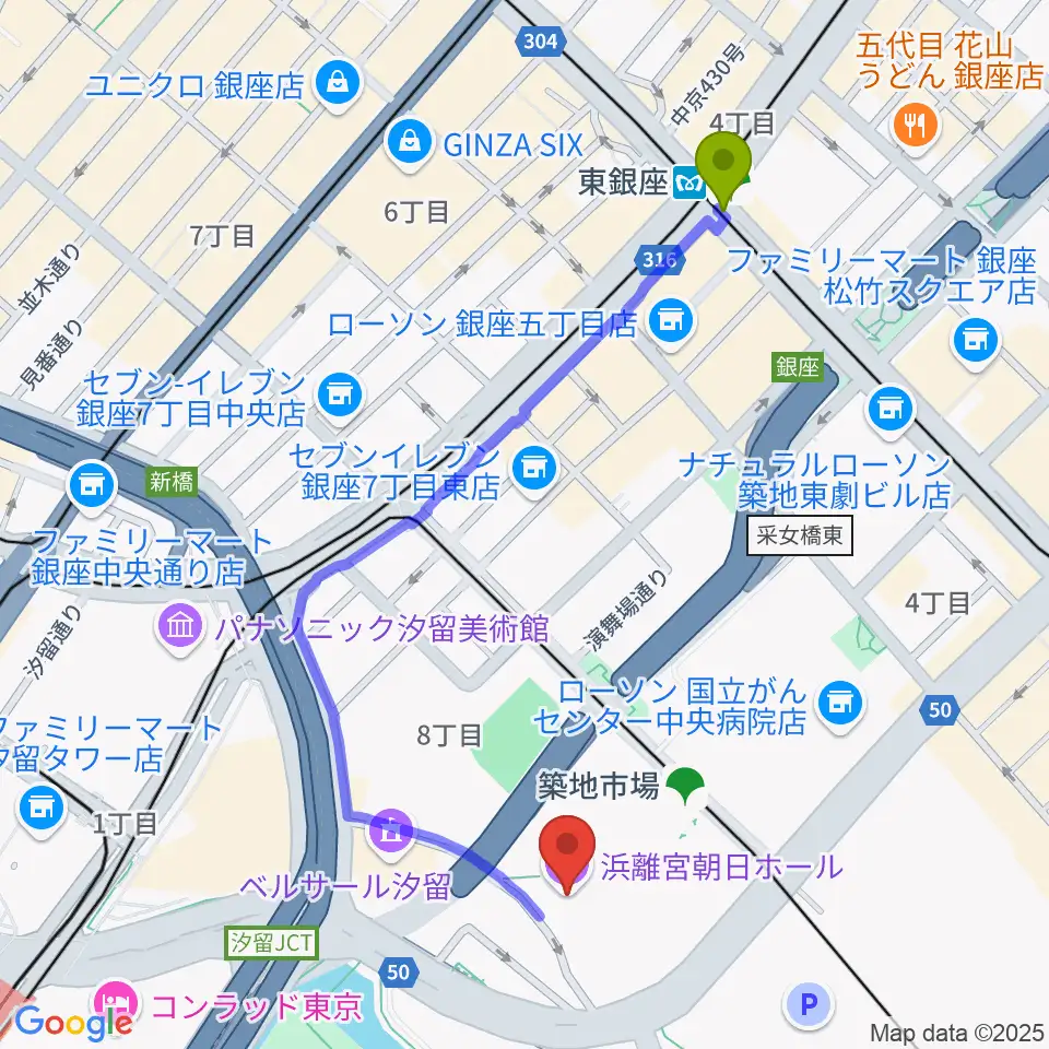 東銀座駅から浜離宮朝日ホールへのルートマップ地図