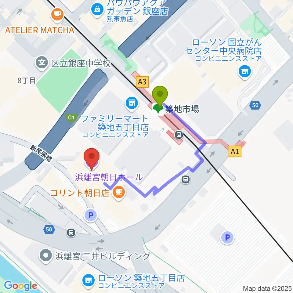 浜離宮朝日ホールの最寄駅築地市場駅からの徒歩ルート（約2分）地図