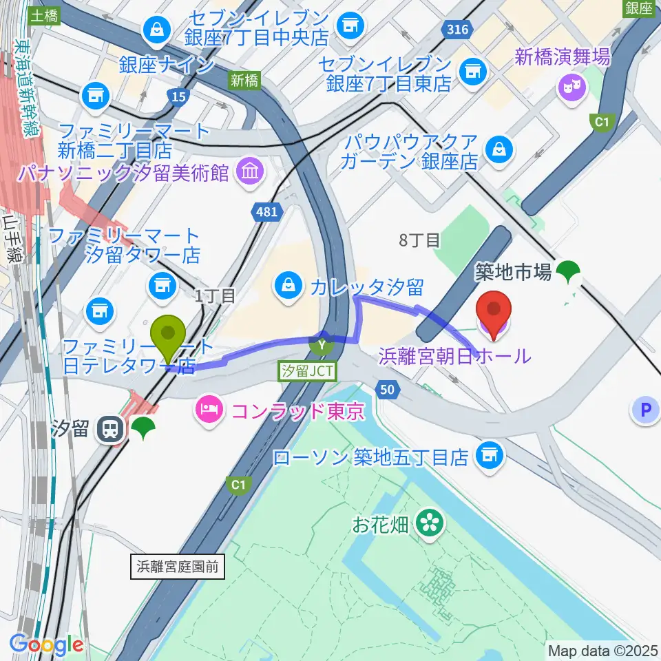 汐留駅から浜離宮朝日ホールへのルートマップ地図