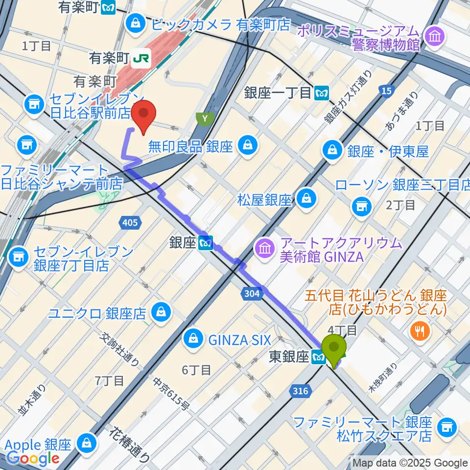 東銀座駅から有楽町朝日ホールへのルートマップ地図