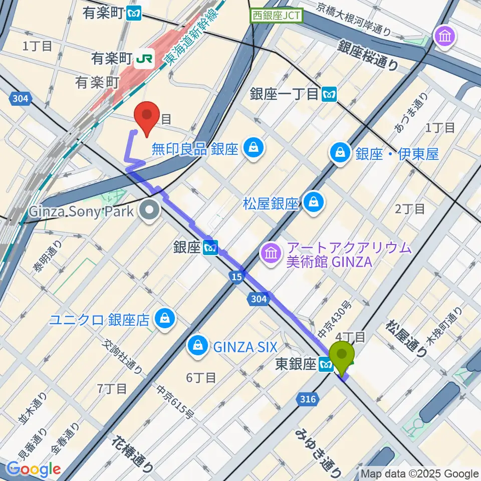 東銀座駅から有楽町朝日ホールへのルートマップ地図