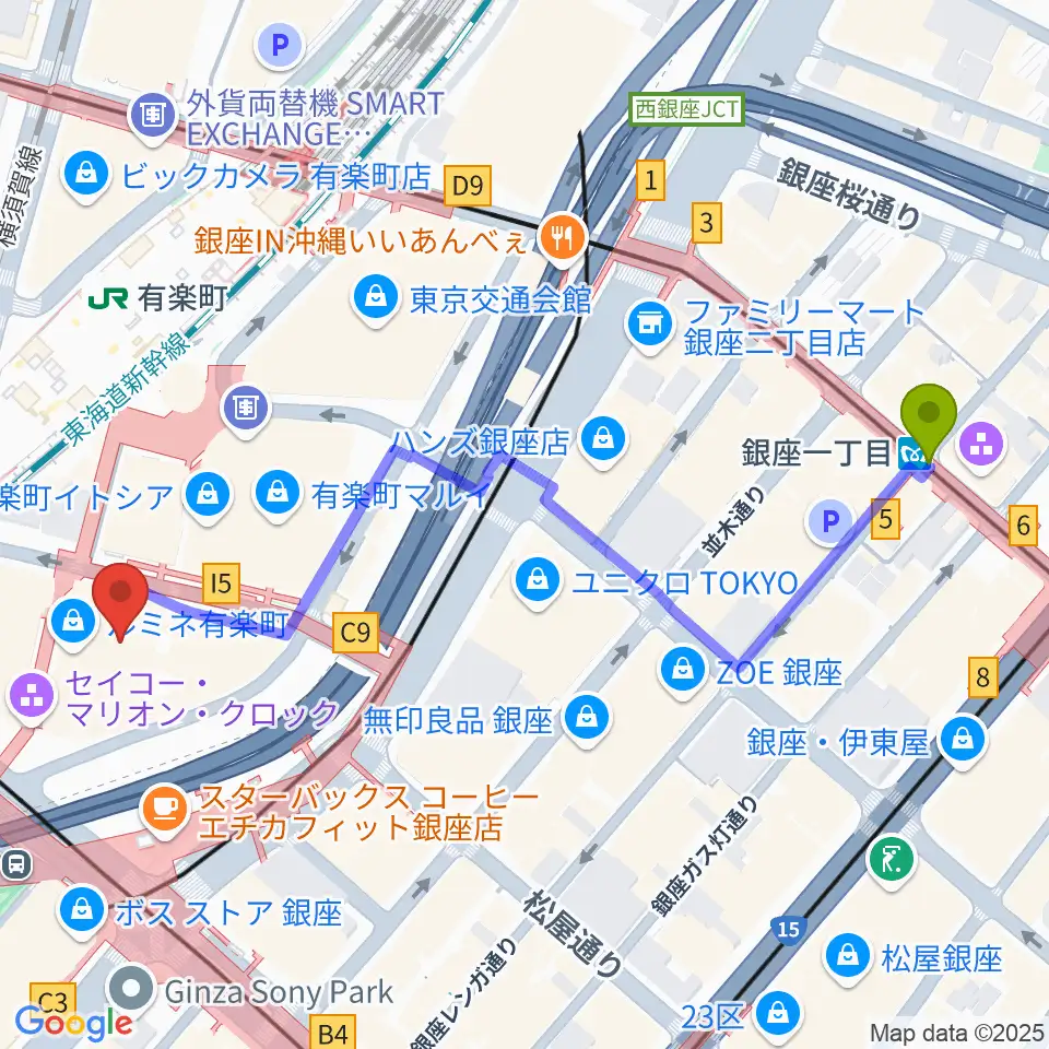 銀座一丁目駅から有楽町朝日ホールへのルートマップ地図