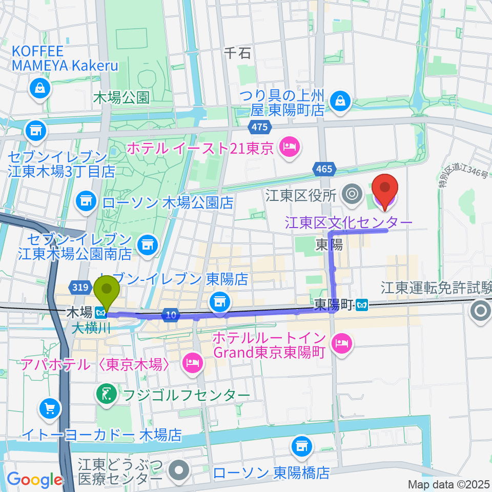 木場駅から江東区文化センターへのルートマップ地図