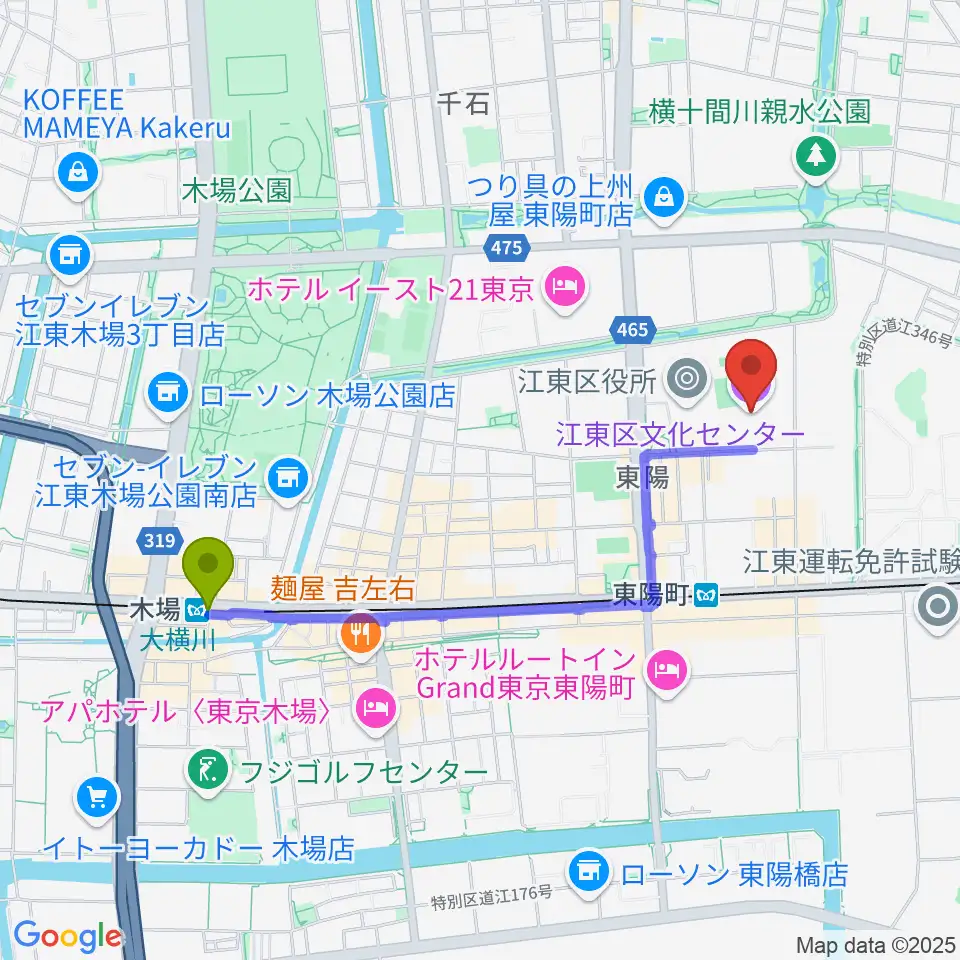 木場駅から江東区文化センターへのルートマップ地図