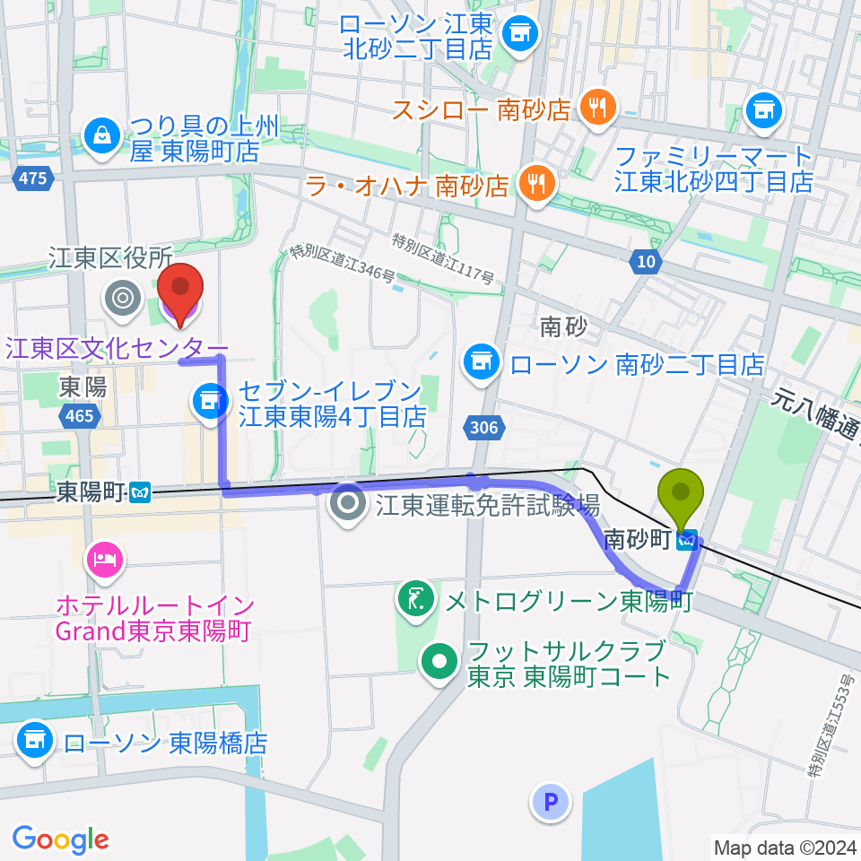 南砂町駅から江東区文化センターへのルートマップ地図