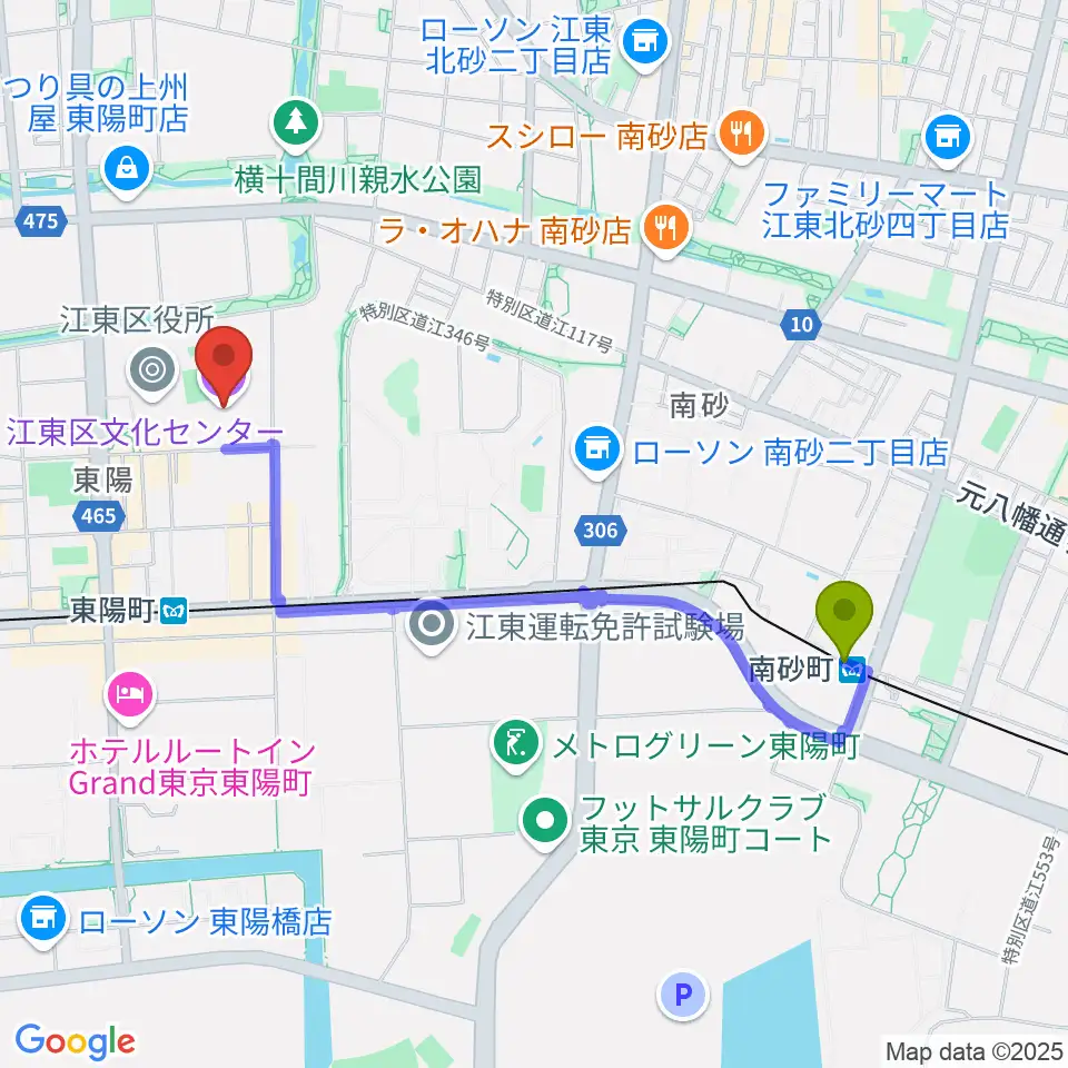 南砂町駅から江東区文化センターへのルートマップ地図