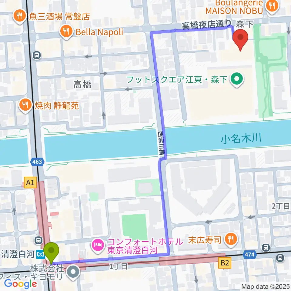 森下文化センターの最寄駅清澄白河駅からの徒歩ルート（約8分）地図