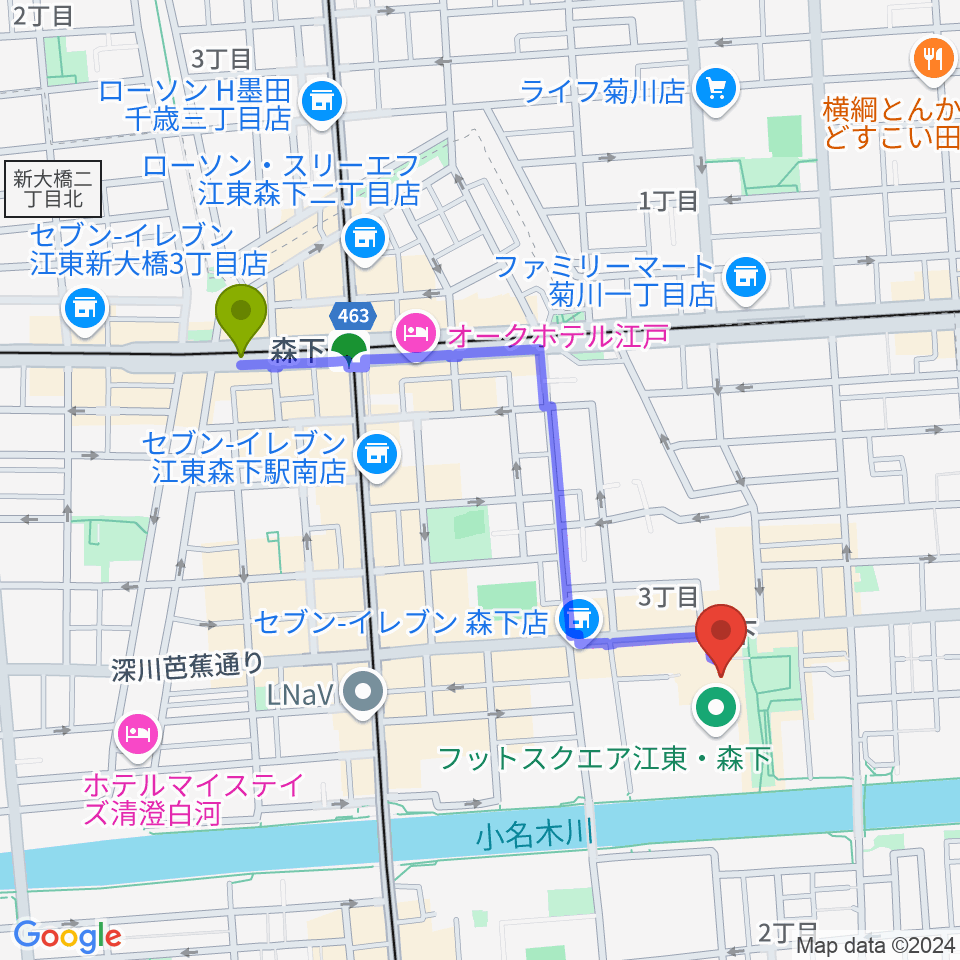 森下駅から森下文化センターへのルートマップ地図