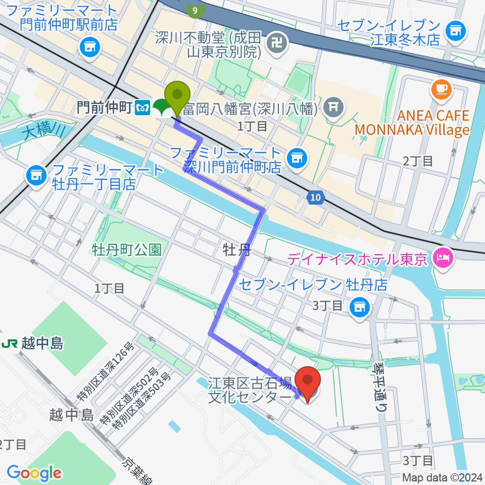 門前仲町駅から古石場文化センターへのルートマップ地図