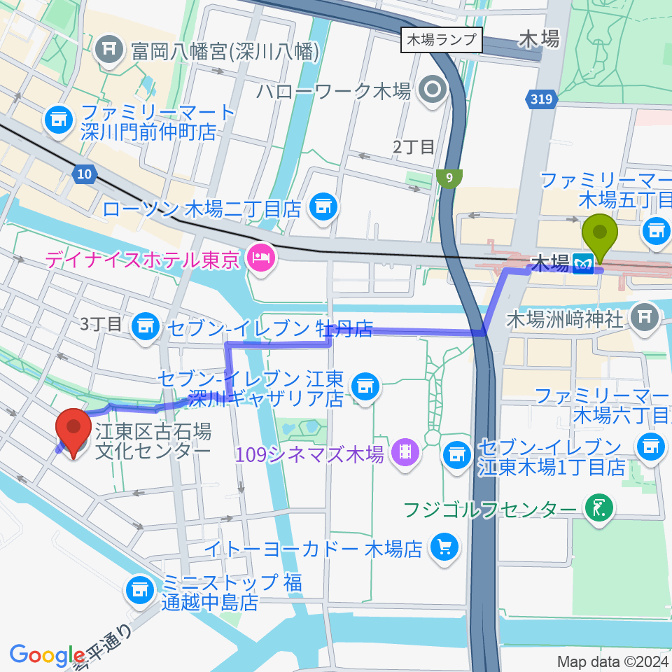 木場駅から古石場文化センターへのルートマップ地図