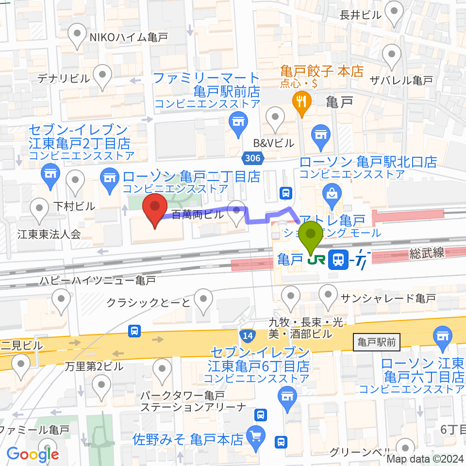 江東区亀戸文化センターの最寄駅亀戸駅からの徒歩ルート（約3分）地図