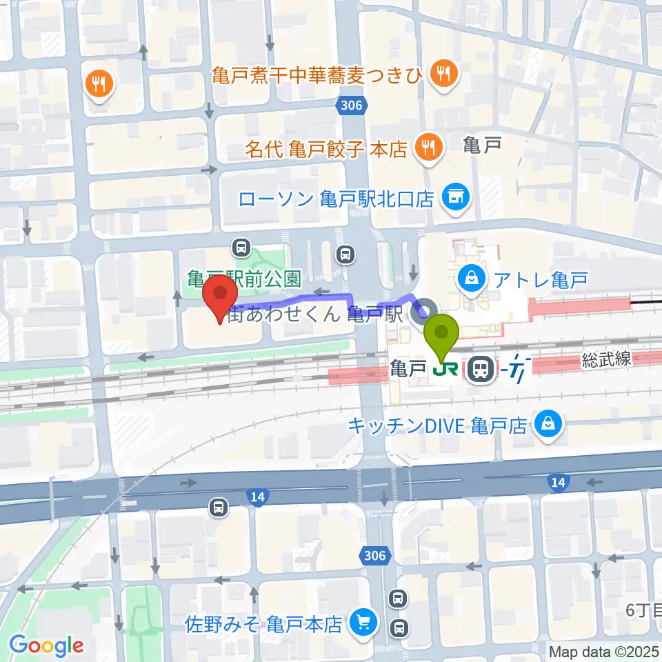 江東区亀戸文化センターの最寄駅亀戸駅からの徒歩ルート（約3分）地図