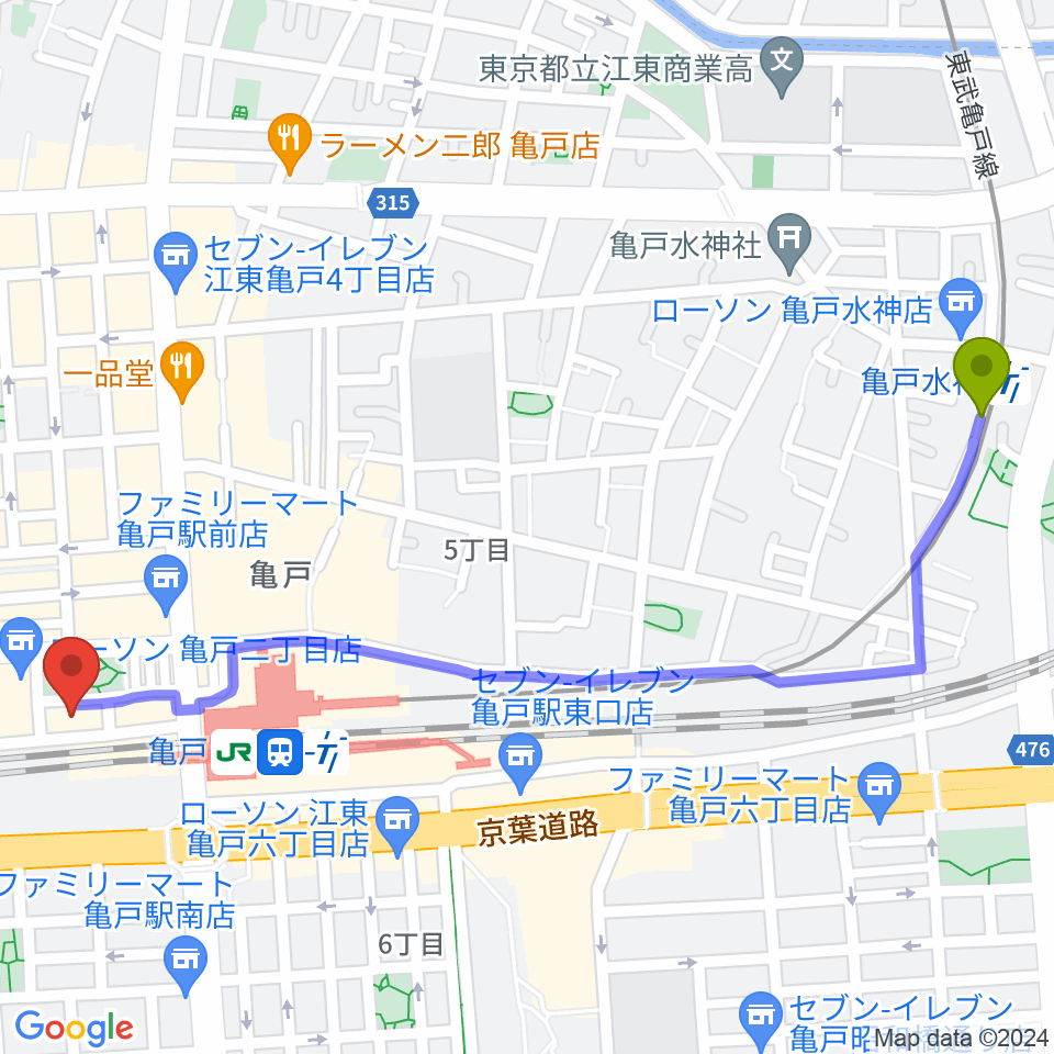 亀戸水神駅から江東区亀戸文化センターへのルートマップ地図