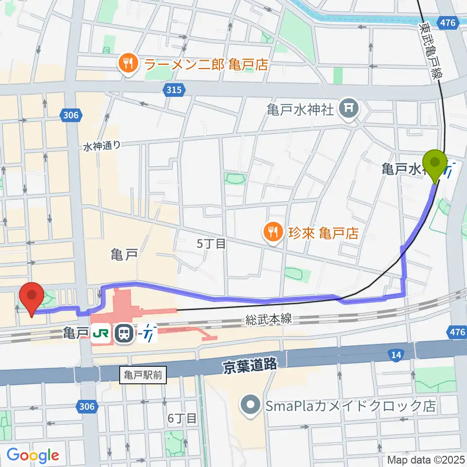 亀戸水神駅から江東区亀戸文化センターへのルートマップ地図