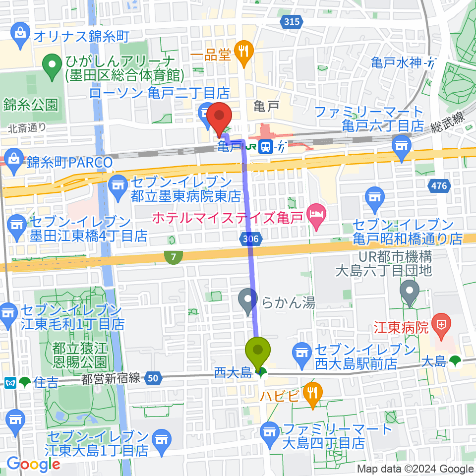 西大島駅から江東区亀戸文化センターへのルートマップ地図